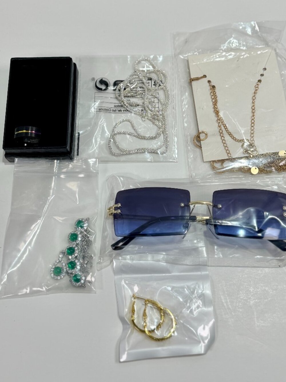 Costume Jewelry Lot Tungsten Ring Rhinestone Necklace Sunglasses Hoops